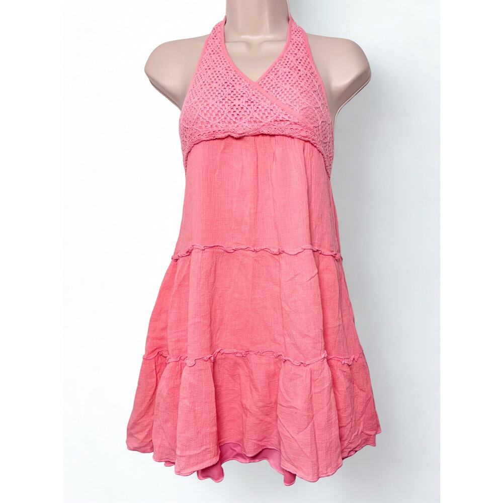 Vtg Y2K Coral Babydoll Halter Top Knit Wrap Bust Tiered Waist Bikini Coverup